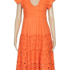 Anthropologie Maeve Embroidered Bubble Sleeve Orange Midi Dress S